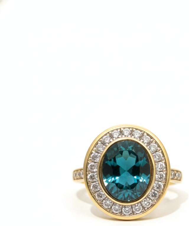 Oval Blue Topaz Ring with Diamond Halo, Yellow Gold plated, Cocktail Statement Ring