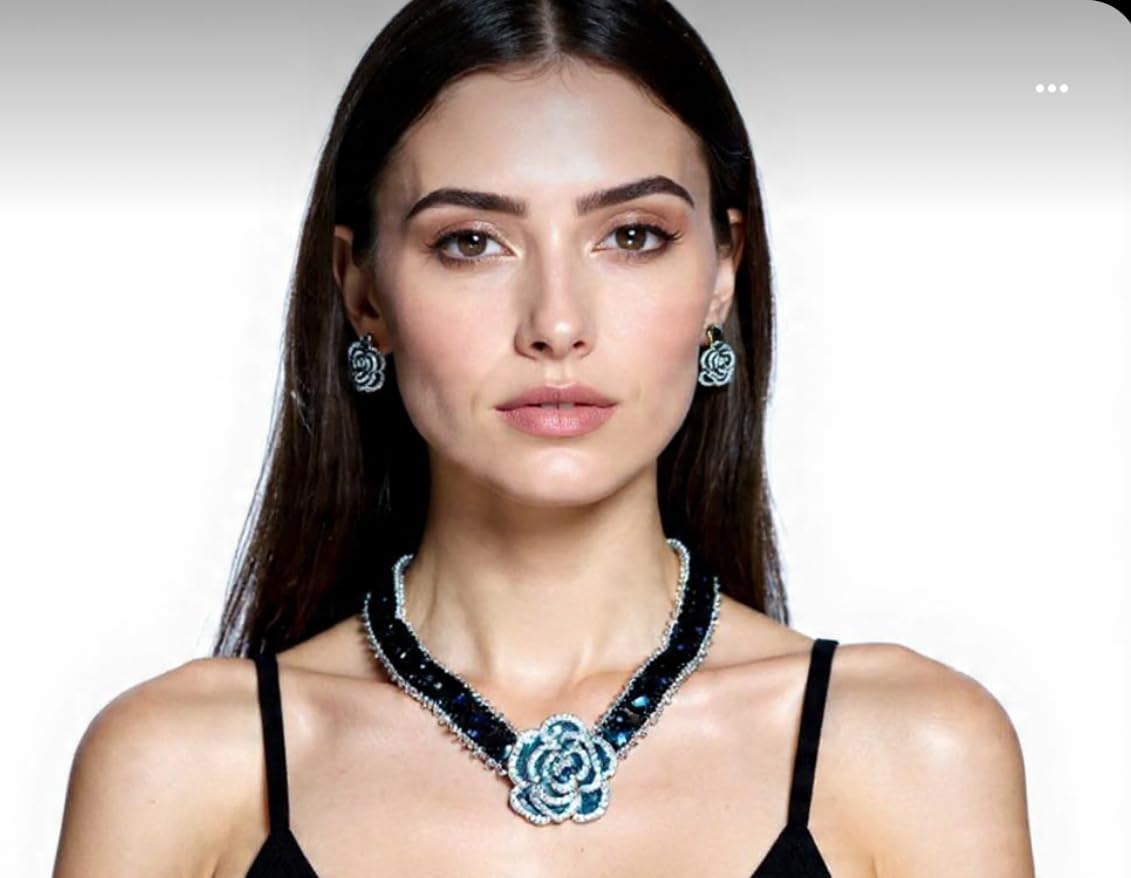 Crystal Jewelry Set, Black and Silver, Rose Flower Design, Necklace Bracelet Earrings, Statement Jewelry