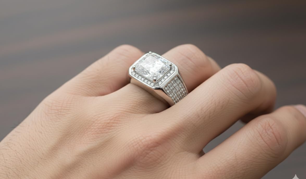 Men's Ring, Sterling Silver, Cushion Cut Center Stone with Pave Setting, Luxury Wedding Band