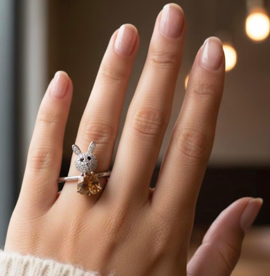 Bunny Rabbit Ring, Silver Tone, Orange Gemstone, Crystal Accents, Animal Design