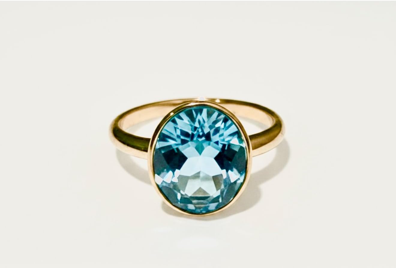 Gold Bezel Set Ring with Oval Blue Topaz Gemstone, Yellow Gold, Statement Cocktail Style