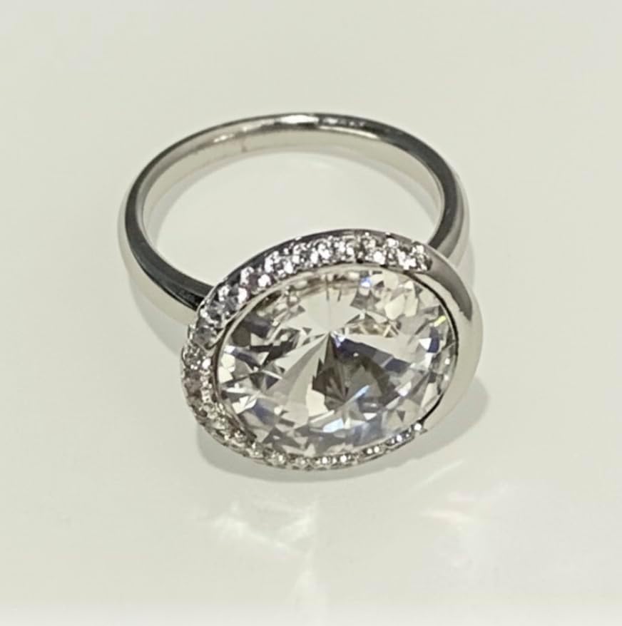 Oval Gemstone Ring with Diamond Halo and Gold-plated Band