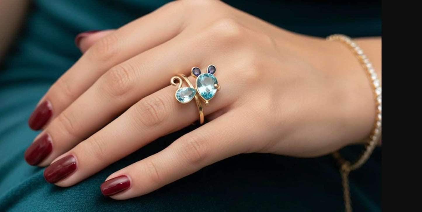 Gold Bee Ring with Aqua Blue and Navy Crystal Stones, Adjustable Wrap Design, Animal Jewelry