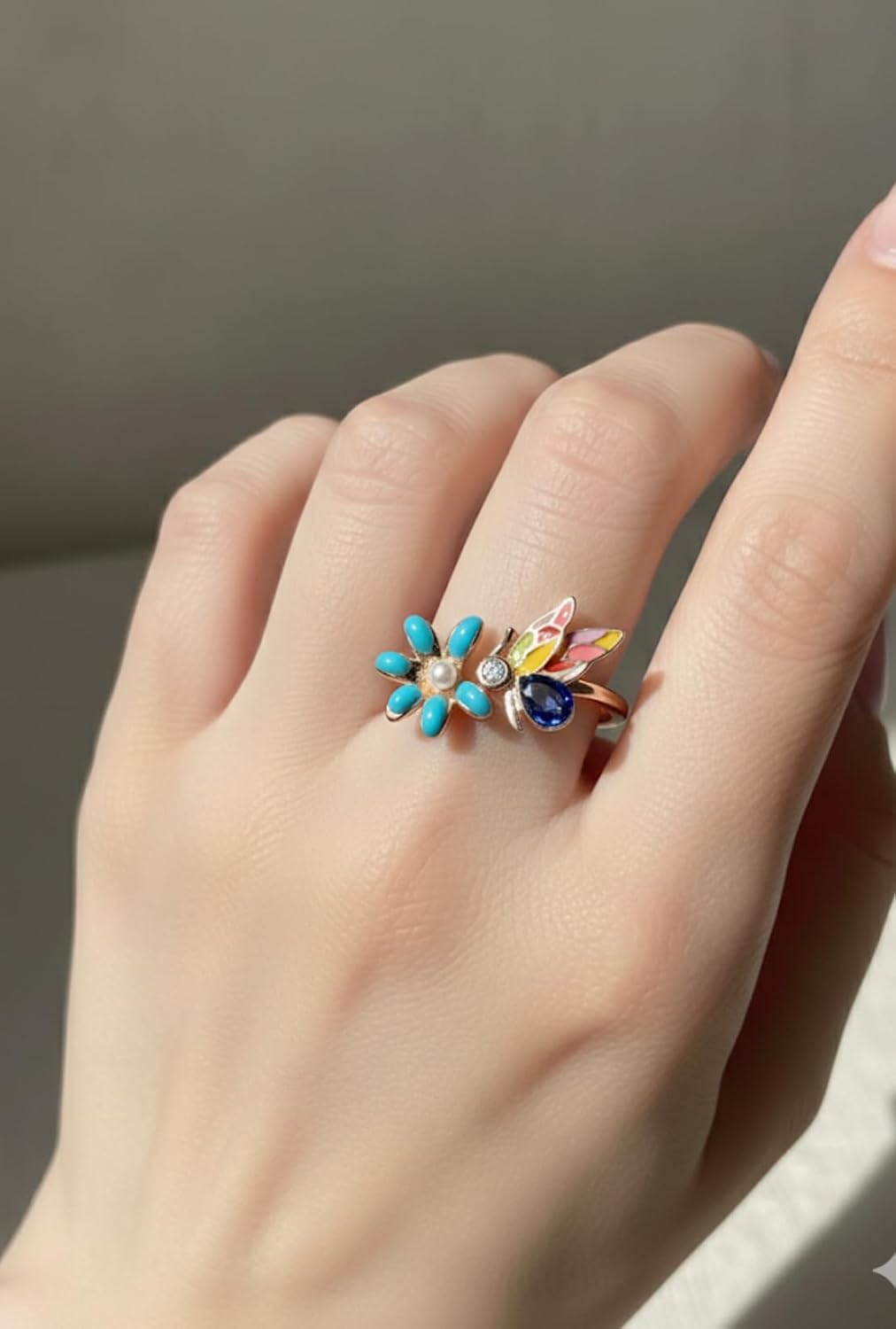 Enamel Butterfly Flower Ring, Gold Tone, Turquoise Blue Accents, Adjustable Open Band