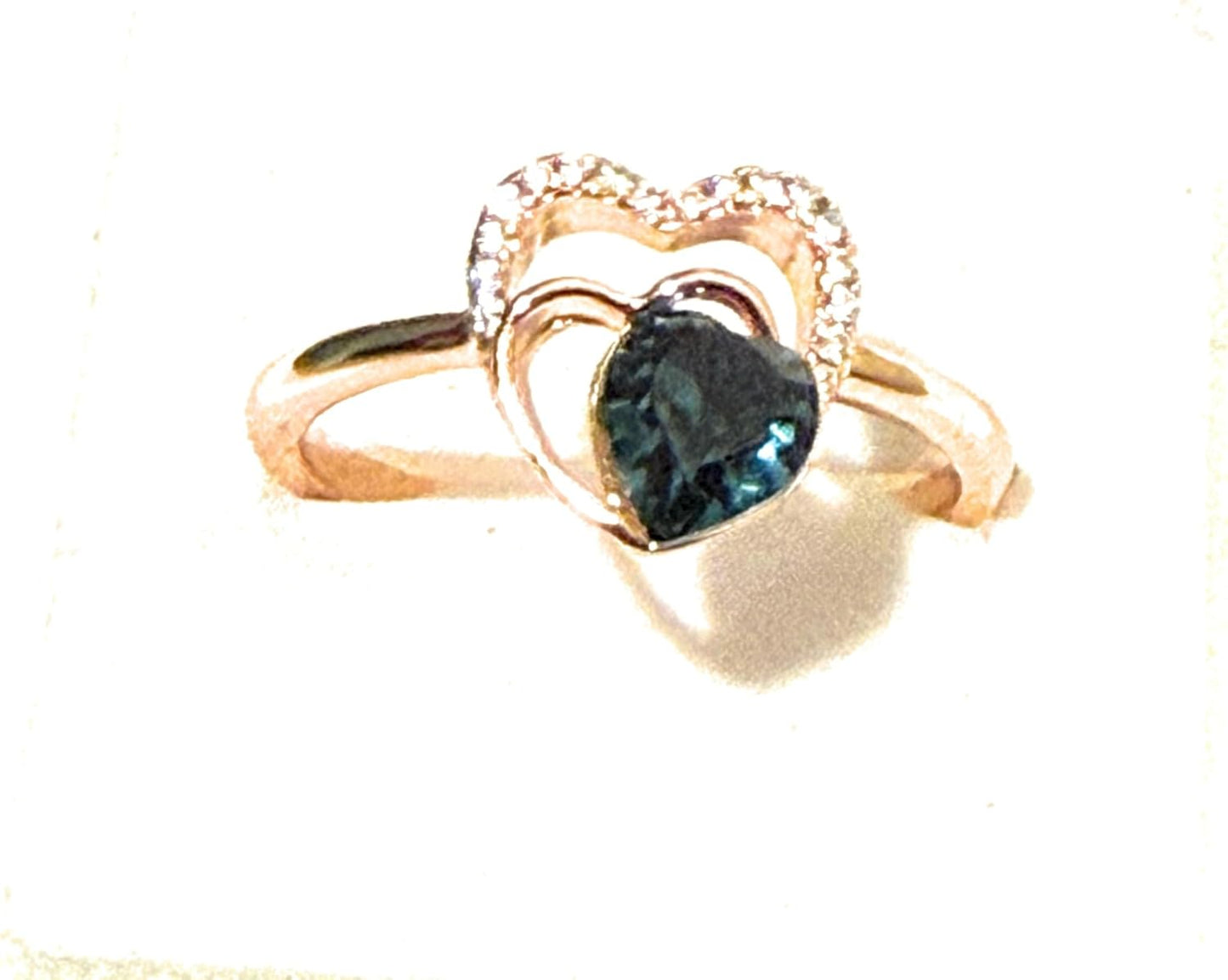 Rose Gold Heart Ring with Blue Gemstone, Double Heart Design, Crystal Accents