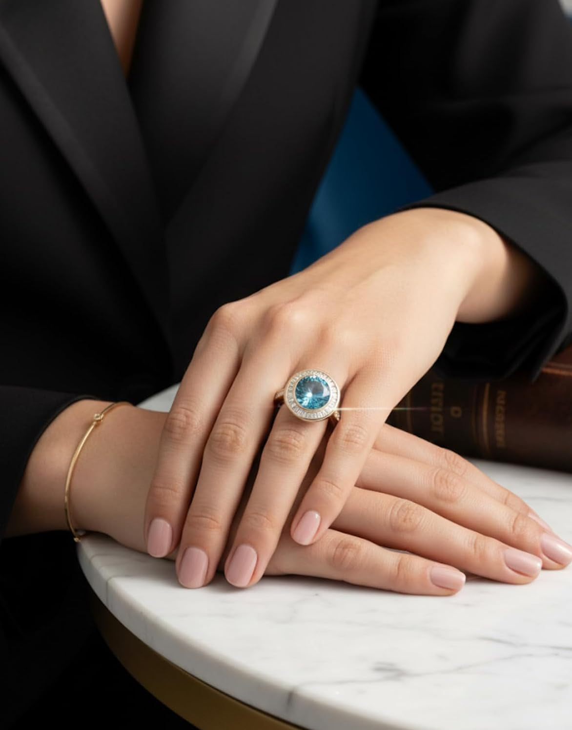 Gold Ring with Blue Topaz, Baguette Diamond Halo, Oval Center Stone, Pavé Band