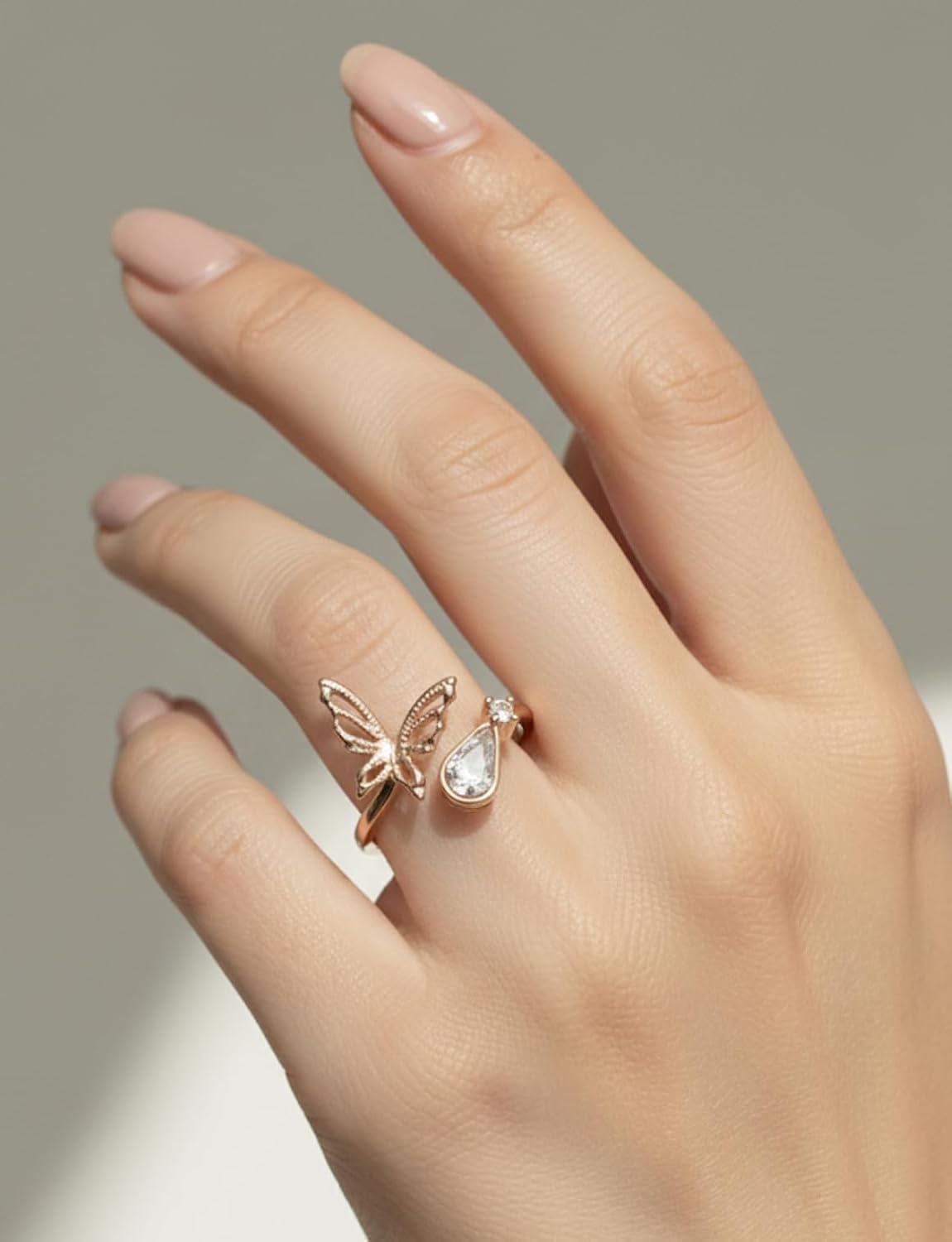Gold tone and Crystal Butterfly Ring, Rose Gold, Jewelry