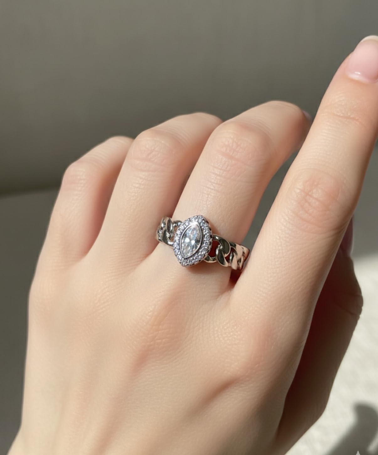 Chain Link Ring with Marquise Crystal Stone, Silver Tone, Adjustable Open Band, Halo Design