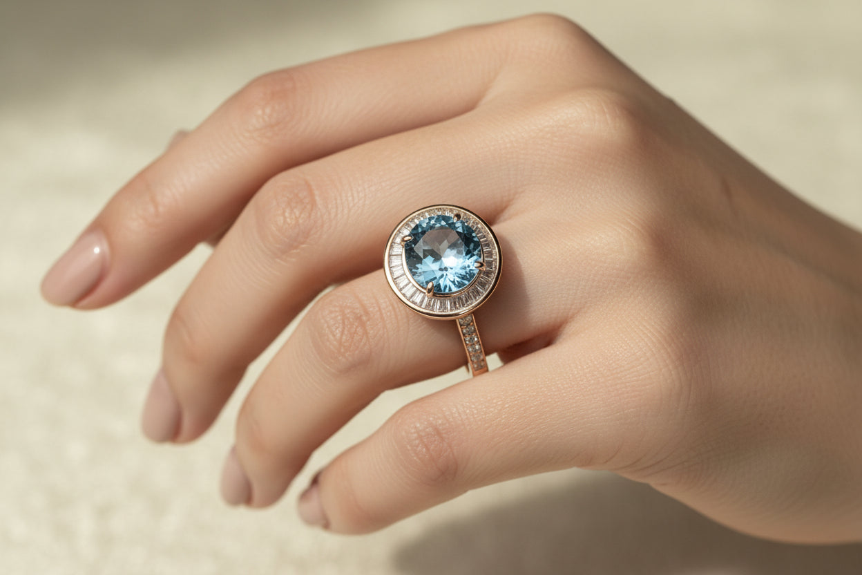 Blue Topaz Halo Ring, Gold plated, Baguette Diamond Surround, Pavé Band, Oval Center Stone