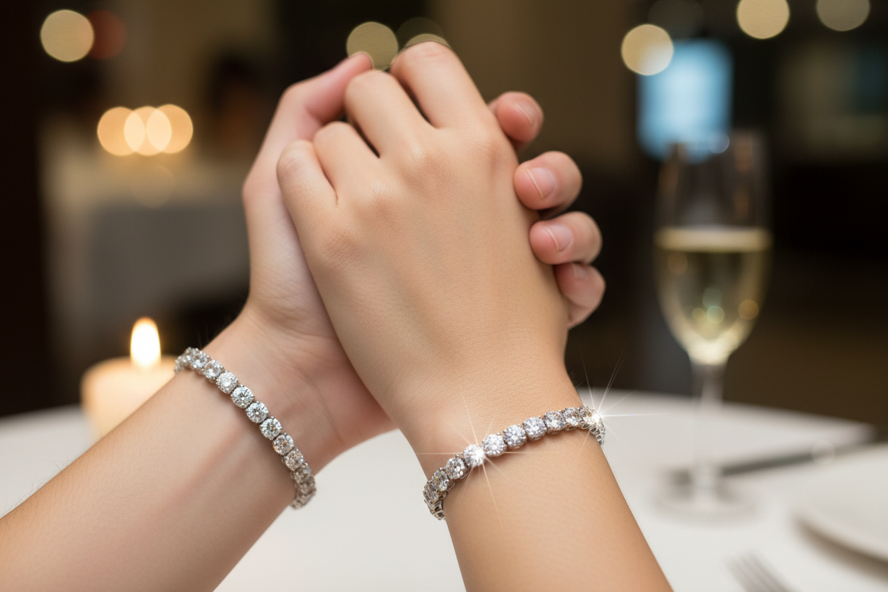 couple both wearing an authentic 3mm narrow tennis bracelet made of moissanite diamonds on 925 sterling silver and showing off its sparkle and brilliance