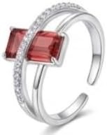 Silver Geometric Red Topaz & Cubic Zirconia Ring – Modern Adjustable Open Band for Women