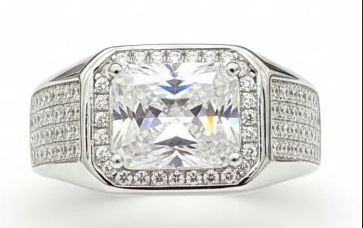 Men's Ring, Sterling Silver, Cushion Cut Center Stone with Pave Setting, Luxury Wedding Band