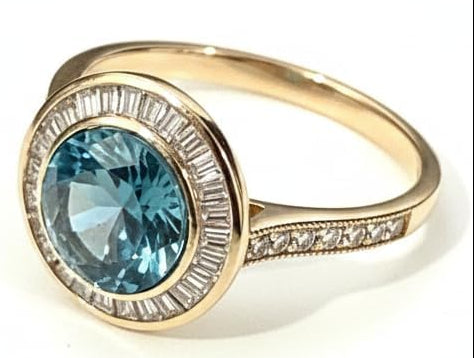 Gold Ring with Blue Topaz, Baguette Diamond Halo, Oval Center Stone, Pavé Band