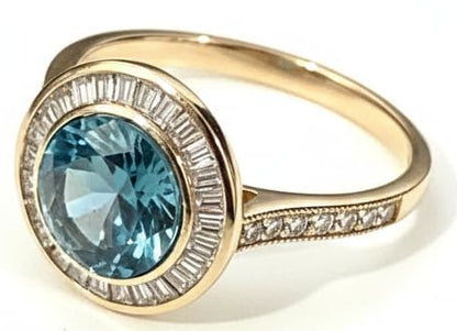 Blue Topaz Halo Ring, Gold plated, Baguette Diamond Surround, Pavé Band, Oval Center Stone