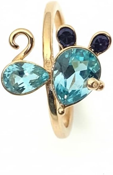 Gold Bee Ring with Aqua Blue and Navy Crystal Stones, Adjustable Wrap Design, Animal Jewelry