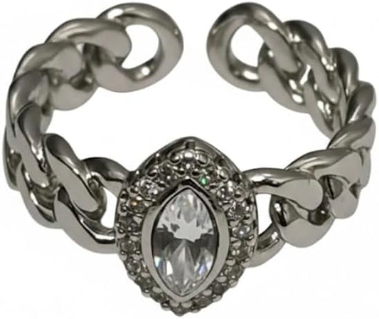Chain Link Ring with Marquise Crystal Stone, Silver Tone, Adjustable Open Band, Halo Design