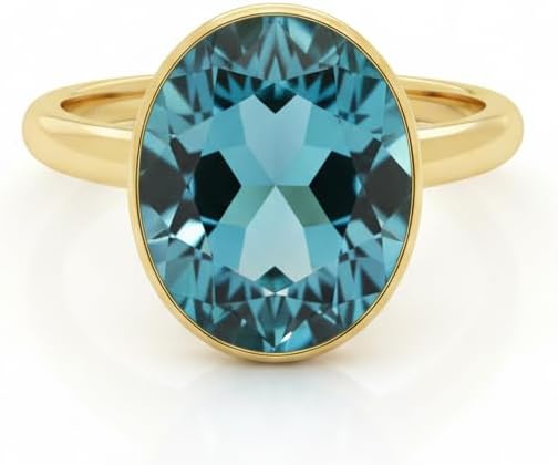 Gold Bezel Set Ring with Oval Blue Topaz Gemstone, Yellow Gold, Statement Cocktail Style