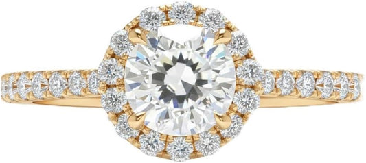 Diamond Halo Engagement Ring, Yellow Gold, Round Center Stone with Pave Band