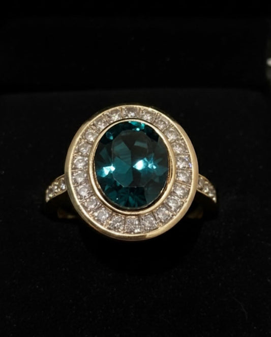 Oval Blue Topaz Ring with Diamond Halo, Yellow Gold plated, Cocktail Statement Ring