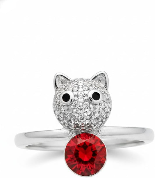 Silver Cat Ring with Red Crystal, Adjustable, Cubic Zirconia Accents, Cute Animal Design