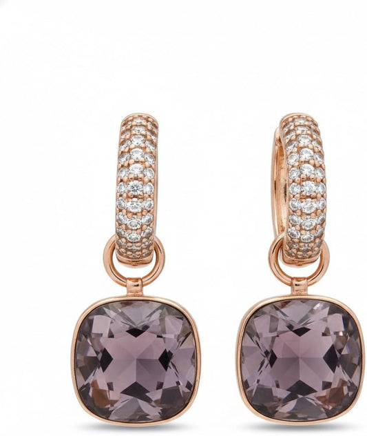 Rose Gold Drop Earrings with Purple Cushion Cut Stone, Pave Diamond Hoop, Dangle Earrings