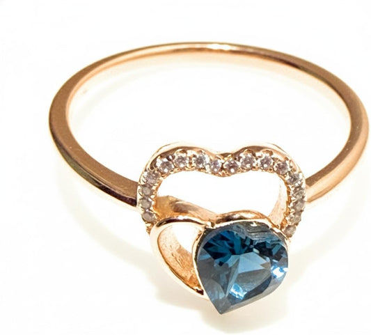 Rose Gold Heart Ring with Blue Gemstone, Double Heart Design, Crystal Accents