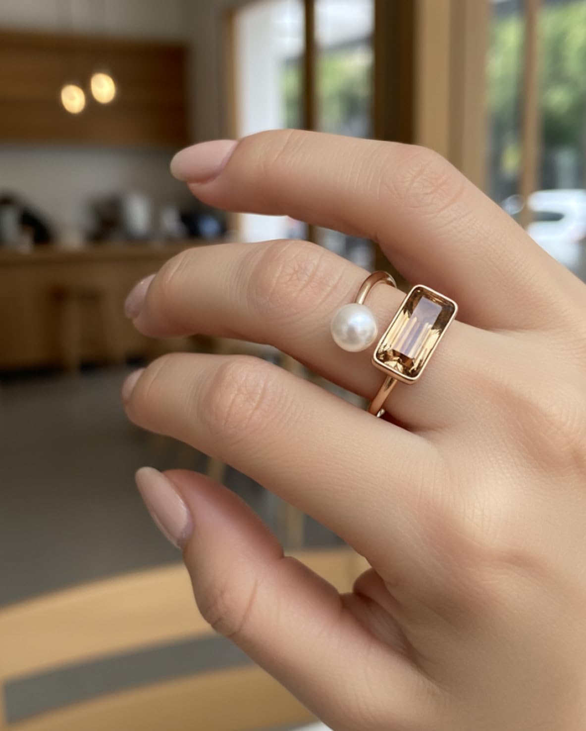 Pearl and Citrine Gemstone Ring, Gold Tone Setting, Rectangular Stone, 2 Piece