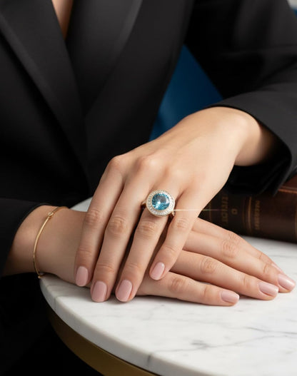 Blue Topaz Halo Ring, Gold plated, Baguette Diamond Surround, Pavé Band, Oval Center Stone