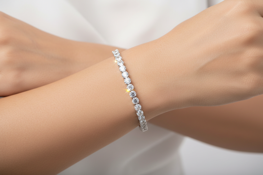 a lady wearing a tennis cz bracelet 