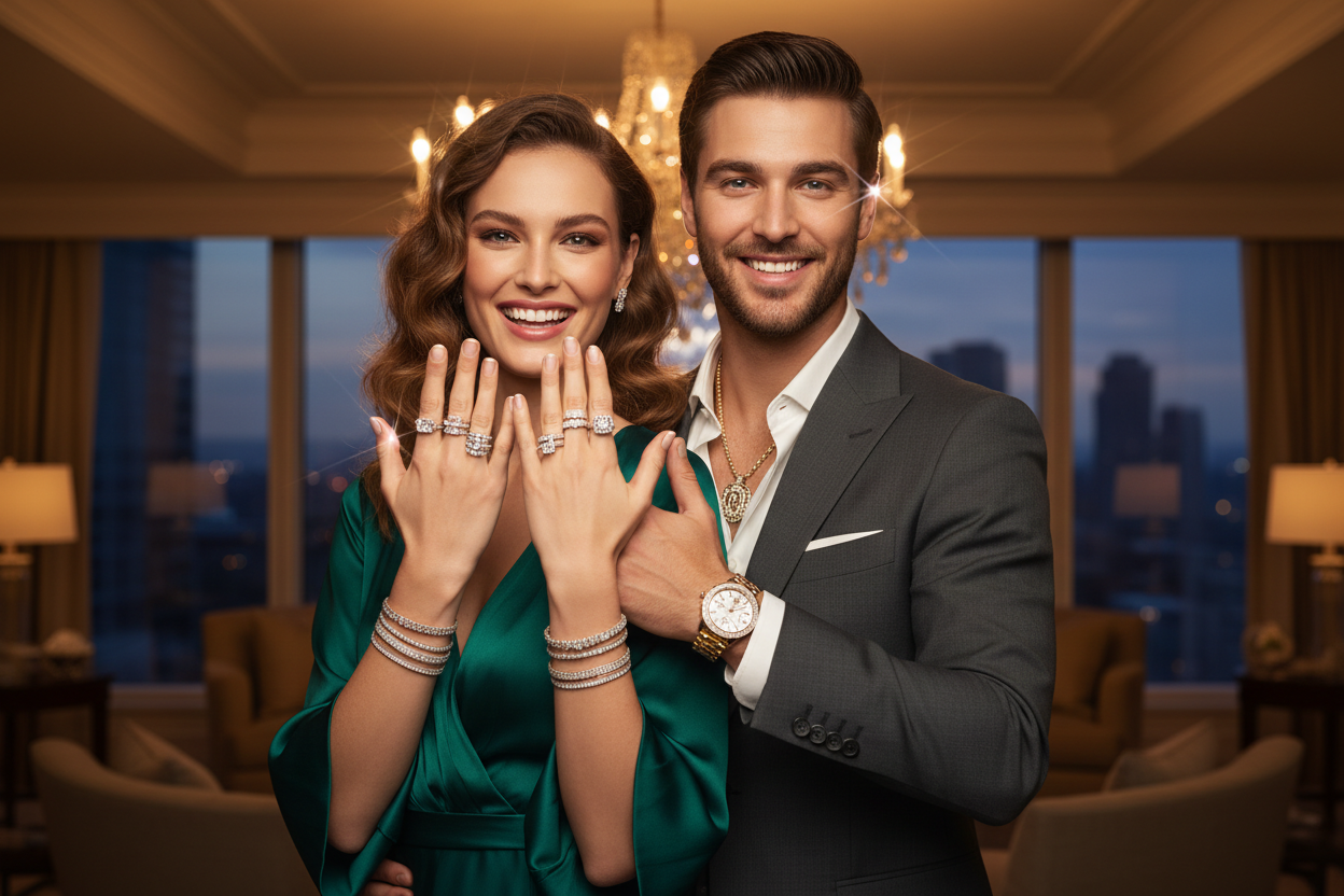 YOung couple showing off their brilliant jewelry
